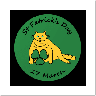 Yellow Chonk Cat and Shamrock St Patricks Day Posters and Art